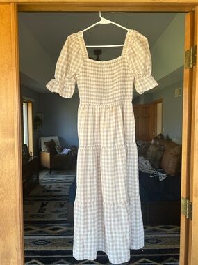 Beige Gingham Smocked Midi Dress with Puff Sleeves